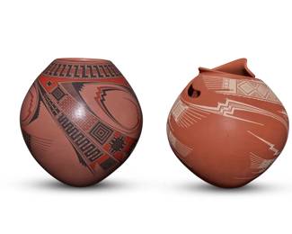 280
Noe Quezada (b. 20th century)
Two Mata Ortiz pottery jars, late 20th/early 21st century; Chihuahua, Mexico
Each incised to underside: Noe Quezada
Comprising a three-color jar with red and black fine-line and geometric motifs on a mauve slip ground, and a jar with stylized rim and white fine-line geometric motifs on a matte terra cotta slip ground
2 pieces
Polychrome: 9.75" H x 8.75" Dia.; Shaped rim: 9.5" H x 8.5" Dia.
Estimate: $700 - $900
