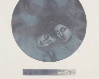 167
Lucía Maya
b. 1953, Mexican
"El Amor Vela," 1991
Two-plate etching in colors with colored pencil enhancements on paper
Edition: 4/40
Signed, titled, dated, and numbered in pencil in the lower margin: Lucía Maya 91
Sight: 31.25" H x 23.5" W
Estimate: $500 - $700