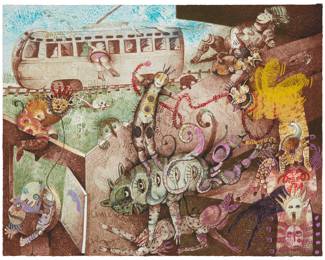 127
Ricardo Anguía
b. 1951, Mexican
"El Señor Tranvía," 1982
Lithograph in colors on paper
Signed, dated, and numbered diagonally in pencil near the lower left corner: Anguía
Image/Sheet: 20.75" H x 26.25" W
Estimate: $200 - $300