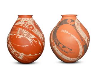 279
Two Mata Ortiz pottery jars
Late 20th/early 21st century; Chihuahua, Mexico
Two works:
Damian E. Quezada (b. 20th century)
Incised to underside: Damian E Quezada
The jar with white and black swirling banded geometric and fine-line motifs on a matte red slip ground
12.75" H x 10.25" Dia.
Alvaro Quezada (b. 20th century)
Incised to underside: Alvaro Quezada
The jar with white swirling bands of kiva step, floral medallions, avian and geometric motifs on a matte red slip ground
13" H x 10" Dia.
2 pieces
Estimate: $700 - $900