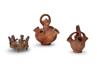 150
20th century
Three pottery effigy items
The terra cotta items, comprising a Mojave effigy jar with four spouts below a mask with handle, another Mojave handled jar with four spouts, and a possibly Nayarit figural funerary scene
3 pieces
Larger vessel: 7.375" H x 6.75" W x 6.875" D; Funerary scene: 3.125" H x 4.5" W x 4.625" D
Estimate: $200 - $400