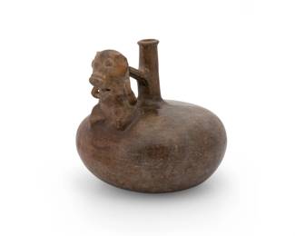 96
600-400 BCE; Ecuador
A Pre-Columbian Chorrera pottery effigy vessel
The globular ceramic vessel with central whistling spout and mounted zoomorphic figure with incised facial details
6.375" H x 6.875" Dia.
Estimate: $300 - $500