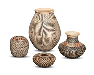 355
A group of Mata Ortiz pottery vessels
Late 20th/early 21st century; Chihuahua, Mexico
Four works:
Porfirio "Pilo" Mora (b. 20th century)
Incised to underside: Pilo Mora / 2006
The tall jar with black op art design on a white slip ground
9.75" H x 7" Dia.
Martha Martinez Dominguez (b. 20th century)
Incised to underside: Martha Martinez Dguez
The three-color vessel with squared body, featuring red and black fine-line geometric motifs on a tan slip ground
4.75" H x 4" W x 4" D
Lazaro Ponce (b. 1961)
Incised to underside: Lazaro Ponce
The three-color vase with wide body and long flared neck, featuring red and black fine-line geometric motifs on a tan slip ground
5.5" H x 5.875" Dia.
Carmen Veloz (b. 1960)
Incised to underside: Carmen Veloz
The three-color seed pot with red and black fine-line geometric motifs on a tan slip ground
2.5" H x 4.625" Dia.
4 pieces
Estimate: $300 - $500
