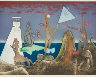 164
Roberto Matta
1911-2002, Chilean
"4AM," from the "L'Arc, Obscure Des Heures" portfolio, 1975
Etching and aquatint in colors on paper
Edition: 61/125 (there were also 33 hors commerce in Roman numerals)
Signed and numbered in pencil in the lower margin: Matta; Stamperia G. Visat, Paris, prntr.; Multiplicata S.A., Chiasso, pub.
Plate: 19.375" H x 27" W; Sight: 20.25" H x 28.25" W
Estimate: $700 - $900