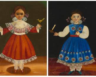 213
Agapito Labios
1898-1996, Mexican
A pair of portraits of children in traditional dresses
Each: Oil on canvas
One signed lower left: a. Labios
Each: 16" H x 12" W
Estimate: $1,000 - $1,500