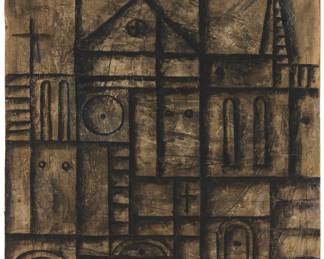49
Manuel Pailós
1918-2005, Uruguayan
Cathedral, 1962
Oil and mixed media on paper laid to artist's board laid to board
Signed upper left: Pailós; dated lower right: 62
21" H x 17" W
Estimate: $2,000 - $3,000