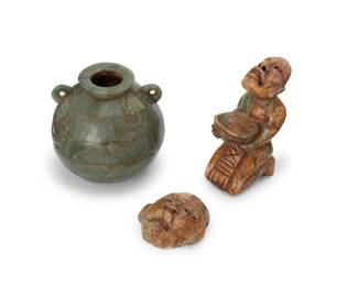 351
20th century
A group of Olmec-style carved hardstone items
Each a replica of an Olmec altar item, comprising a carved figure depicted kneeling with an offerings bowl, head/mask, and a mosaic small jar with three carved figures and opposed handles
3 pieces
Jar: 4.5" H x 4.5" Dia.; Figure: 5.25" H x 2.125" W x 3.375" D; Mask: 2.875" H x 2.75" W x 1.375" D
Estimate: $300 - $500