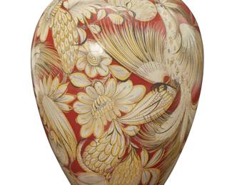 224
Circa 1940s; Jalisco, Mexico
A Tonalá bruñido pottery floor jardinière
Unmarked
The burnished ceramic vase painted with avian and floral motifs on a red ground
27.75" H x 21.5" Dia.
Estimate: $400 - $600