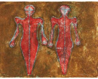47
Rufino Tamayo
1899-1991, Mexican
"Dos Figuras," 1976
Mixografia in colors on paper
Edition: 111/140
Signed and numbered in white pencil in the lower right and left corners, respectively: R. Tamayo; Taller de Gráfica Mexicana, Mexico City, prntr.; Transworld Art, New York, pub.
Image/Sheet: 22.25" H x 29.875" W
Estimate: $2,000 - $3,000