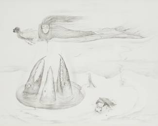 14
Leonora Carrington
1917-2011, British-Mexican
"Cocodrilos," 1974
Lithograph on BFK Rives paper
Edition: 21/100
Signed and numbered in pencil lower left: Leonora Carrington; with the printed signature and date in the stone at lower right; Taller de Gráfica Mexicana, Mexico City, prntr., and with their blindstamp lower left
Image: 21" H x 27.5" W; Sight: 21.25" H x 28" W
Estimate: $800 - $1,200