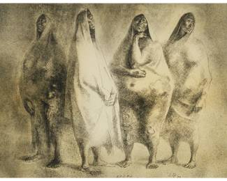 194
Francisco Zúñiga
1912-1998, Mexican
"Cuatro Figuras," 1972
Lithograph in colors on Arches paper
Edition: E.P.I #4 of 10 Editions Press Impressions (aside from the regular edition of 100 and 20 artist's proofs)
Signed, dated, and numbered in pencil along the lower edge: Zga 72; Editions Press, San Francisco, prntr. and pub. and with their blindstamp lower left
Sight: 16" H x 21.75" W
Estimate: $500 - $700