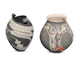 178
Two Mata Ortiz pottery jars
Late 20th/early 21st century; Chihuahua, Mexico
Two works:
Damian E. Quezada (b. 20th century)
A polychrome olla jar
Incised to underside: Damian E. Quezada
The three-color jar with red and black swirling bands of geometric motifs and a checkered diamond pattern on a white slip ground
12.5" H x 11" Dia.
Noe Quezada (b. 20th century)
A blackware pottery jar
Incised to underside: Noe Quezada
The jar with stylized rim with incised ticking, featuring white swirling banded geometric motifs on a matte black slip ground
14" H x 9" Dia.
2 pieces
Estimate: $800 - $1,200
