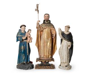 242
Early 20th century
A group of Latin American santos bultos figures
The polychrome carved wood religious figures, comprising one depicted holding the Christ child, another depicted hoisting a metal staff with floriform terminus, and another depicted with a black shawl over a white robe
3 pieces
Largest: 20" H x 7.75" W x 5.625" D; Shortest: 15.25" H x 4.75" W x 3.75" D
Estimate: $400 - $600