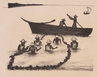 3
Jesús Escobedo
1918-1978, Mexican
Net fisherman, 1939
Lithograph on wove paper
Edition: 10/20
Signed, dated, and numbered in pencil in the lower margin, at right: Jesús Escobedo / 1939
Image: 8.25" H x 11" W; Sheet: 19.75" H x 25.5" W
Estimate: $500 - $700