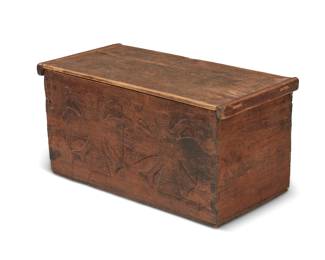 155
19th century; Guatemala
A Nahaula carved wood chest
The rustic lidded blanket box chest featuring two incised double-headed eagle figures to front panel
15.75" H x 31.25" W x 15.5" D
Estimate: $800 - $1,200