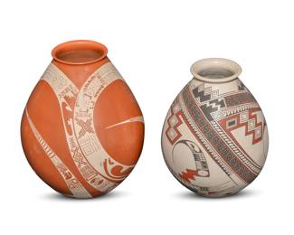 278
Two Mata Ortiz polychrome jars
Late 20th/early 21st century; Chihuahua, Mexico
Two works:
Jorge Quintana (b. 20th century)
A polychrome pottery jar
Incised to underside: Jorge Quintana R.
The three-color jar with red and black stepped, banded feather, and geometric motifs on a white slip ground
12.5" H x 9" Dia.
Damian E. Quezada (b. 20th century)
A redware pottery jar
Incised to underside: Damian E. Quezada
The jar with white swirling bands of geometric fine-line motifs on a buff red ground
14" H x 10.5" Dia.
2 pieces
Estimate: $600 - $900