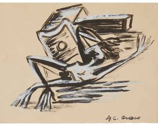 27
José Clemente Orozco
1883-1949, Mexican
Untitled, abstract
Ink and gouache on paper
Signed lower right: J.C. Orozco
Sheet: 10.375" H x 14.125" W
Estimate: $2,000 - $3,000
