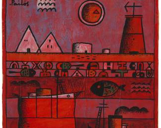 52
Manuel Pailós
1918-2005, Uruguayan
"Serie Escarlata," 1981
Oil on paper laid to Masonite
Signed upper left: .Pailós; titled and dated, verso: 1981; also inscribed in red on the verso, possibly in another hand, "#74"
9.875" H x 9.875" W
Estimate: $1,000 - $1,500