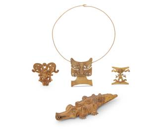 275
A group of Tairona-style cast tumbaga items
Date unknown, Central America
Four stylized figural works in gold-toned mixed metal, each with wire and textured wire overlay accents and designs, comprising an 18k gold and mixed metal mask breast plate pendant with central bird figure, mounted on a wire collar, as well as a large hollow alligator figure with small young alligator on its back, a large winged shaman figure pendant, and a small standing male figure pendant, 4 pieces
Necklace: 18" inner C x 3" H x 2.125" W; Alligator: 1.375" H x 2" W x 6.75" D; Larger pendant: 2.375" H x 2.75" W; Smaller: 1.875" H x 1.875" W
230.9 grams gross
Estimate: $1,000 - $2,000