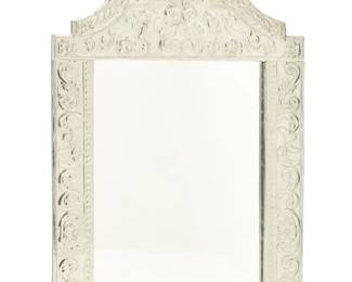 293
20th century
A Spanish Colonial-style repoussé mirror
With repoussé sheet metal decorations depicting bird figures, floral medallions, and scrolled foliate motifs, mounted on a wood backing
47.5" H x 31.5" W x 1.5" D
Estimate: $500 - $700