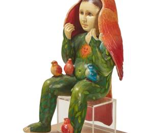216
Sergio Bustamante
b. 1949, Mexican
Bird boy, 1982
Painted ceramic on acrylic stand on paper-wrapped plinth
Signed and dated to left side proper: Sergio Bustamante / 82
Figure: 22" H x 9.75" W x 13.25" D; Plinth: 36" H x 10.625" W x 12.125" D
Estimate: $400 - $600