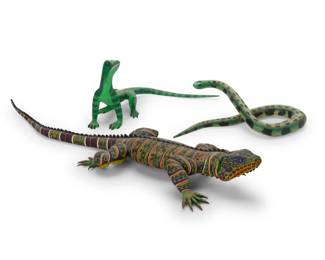 308
Late 20th/early 21st century; Oaxaca, Mexico
Three Mexican alebrijes reptile figures
Iguana signed: Gerardo Ramirez M.; lizard signed: Hilario Blas / Oax. Mex; snake signed: Medardo Blas
The vibrantly painted folk art figures carved from copal wood, comprising an iguana figure, a lizard figure, and a snake figure
3 pieces
Iguana: 2.75" H x 24" L x 7.125" W; Lizard: 5.25" H x 9.75" W x 8.625" D
Estimate: $400 - $600