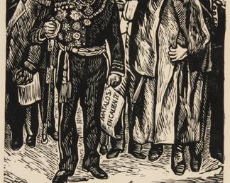 71
Alfredo Zalce
1908-2003, Mexican
"Matalos en Caliente," 1946
Woodcut on paper
From the edition of unknown size
Signed and dated in pencil in the lower margin, at right: Alfredo Zalce 1946
Image: 12" H x 8.5" W; Sight: 12.75" H x 9" W
Estimate: $200 - $400