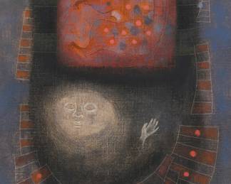 118
Mario Rangel Sanchez
b. 1938, Mexican
Composition with figure and animal, 1965
Acrylic on linen laid to Masonite
Signed and dated lower right: Mario Rangel S. 65
12" H x 8" W
Estimate: $500 - $700