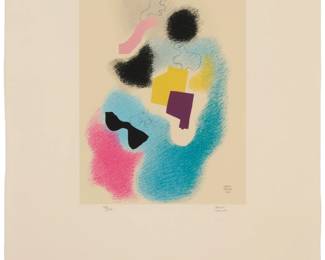 81
Carlos Mérida
1891-1984, Guatemalan
Untitled from the "Cielos Luminicos" portfolio, 1941
Screenprint in colors on wove paper
Edition: 78/100
Signed and numbered in pencil in the lower margin, directly below the image: Carlos Merida; with the printed signature and date in the image lower right: 1941; Taller de Ediciones Multiarte, prntr.
Image: 15" H x 11.75" W; Sheet: 30" H x 22" W
Estimate: $700 - $900