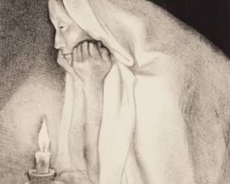195
Francisco Zúñiga
1912-1998, Mexican
"La Vela," 1978
Lithograph on wove paper
Edition: P.A. VII/VIII (an artist's proof aside from the edition of 50)
Signed, dated, and numbered in pencil in at the lower edge, left of center: Zga 1978; Kyron, S.A., Mexico City, prntr. and with their blindstamp lower right; Brewster Editions, New York, pub.
Sight: 22.75" H x 15.75" W
Estimate: $500 - $700