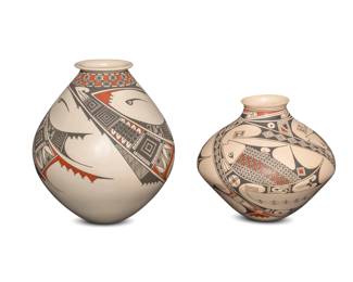 199
Two Mata Ortiz polychrome pottery jars
Late 20th/early 21st century; Chihuahua, Mexico
Two works:
Noe Quezada (b. 20th century)
Incised to underside: Noe Quezada
The three-color jar with red and black fish, geometric, and fine-line motifs on a white slip ground
10" H x 8.75" Dia.
Hector Gallegos (b. 20th century)
Incised to underside: Hector Gallegos
The three-color jar with red and black fish, meandering, stepped, and fine-line motifs on a white slip ground
8" H x 8.25" Dia.
2 pieces
Estimate: $200 - $400