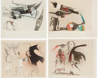 19
Wilfredo Lam
1902-1982, Cuban
Four untitled plates, from the suite of seven, circa 1977-79
Each: Etching and aquatint in colors on wove paper
Edition of each: 68/99
Each signed and numbered in pencil in the lower margin: Wil; Societe Internationale d'Art XXe Siecle, Paris, pub.
Plate of each: 13" H x 15.5" W; Sight of each: 19.25" H x 25.5" W
Estimate: $1,000 - $1,500