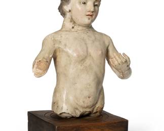 232
Early 20th century
A Latin American santo bulto figure
The polychrome carved wood torso, set on a wood block stand
Figure: 12.625" H x 9.875" W x 6.5" D; Block: 2.5" H x 7" W x 7" D
Estimate: $200 - $400