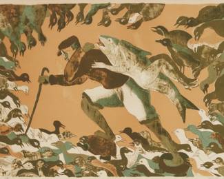 33
Francisco Toledo
1940-2019, Mexican
"Hombre, Un Pescado, Una Tortuga y Pajaros," 1970
Lithograph in colors on wove paper
Edition: 53/100
Signed and numbered in pencil in the lower margin: Toledo
Image: 15.5" H x 20.5" W; Sheet: 16.125" H x 21.25" W
Estimate: $400 - $600