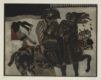 66
Javier Arévalo
1937-2020, Mexican
"Caballo de hacienda"
Etching and aquatint in colors on wove paper
Edition: P/A (and artist's proof [prueba de artista] aside from the edition of 38)
Signed, titled, dated, and inscribed "P/A" in pencil in the lower margin: Arévalo / Mexico / 87
Plate: 18.75" H x 23.75" W; Sight: 20.625" H x 26.5" W
Estimate: $300 - $500