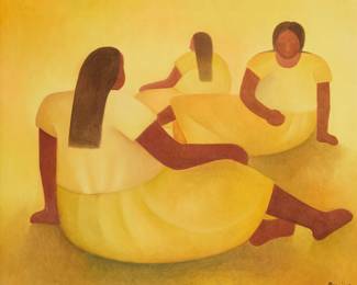 203
Aurelio Pescina
1938-1990, Mexican
Three figures in yellow
Oil on canvas
Signed lower right: Pescina; inscribed with the artist's name and address in ink, possibly in another hand, on a label affixed verso
20" H x 23.75" W
Estimate: $300 - $500