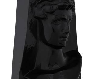 182
Pedro Ramírez Vázquez
1919-2013, Mexican
"El David"
Molded cobalt glass
With illegible etched signature and applied sticker: Pedro Ramirez Vazquez
9" H x 6.375" W x 5" D
Estimate: $200 - $400