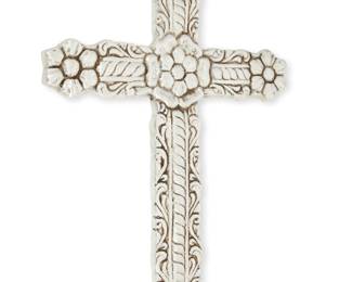 245
Late 20th/early 21st century
A Mexican metal wall-mounted cross
Sticker applied verso: Ante Gifts / El Cajon / Made in Mex.
With central floral medallion and floral motifs at each end of a metal alloy
17.375" H x 11.25" W x 0.625" D
Estimate: $100 - $200