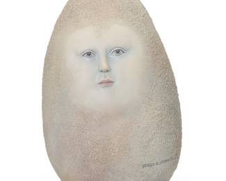 282
Sergio Bustamante
b. 1949, Mexican
Moon egg
Painted ceramic on acrylic plinth
Edition: 51/100
Signed and numbered recto at lower left proper: Sergio Bustamante
Ceramic: 18.5" H x 11.25" W x 9.75" D; Plinth: 34" H x 11" W x 11" D
Estimate: $300 - $500