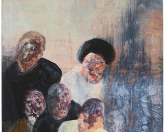 162
Christophe Miralles
b. 1970, Franco-Spanish
"Ses reins brûlent comme le phosphore"
Oil on canvas
Signed along the lower portion of the right edge: Miralles; signed again and titled verso; titled again on two artist labels affixed verso
51" H x 38.25" W
Estimate: $300 - $500
