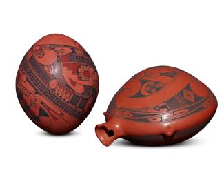 299
Jorge Quintana (b. 20th century)
Two Mata Ortiz pottery vessels, late 20th/early 21st century; Chihuahua, Mexico
One signed to underside: Jorge Quintana; other signed: Jorge Quintana R.
Comprising a canteen with stepped rim and two lanyard protrusions, featuring black geometric motifs on a red slip ground, and an egg-shaped three-color seed pot with red and black fine-line and geometric motifs on a light red slip ground
2 pieces
Canteen: 11.5" H x 10.125" W x 6.75" D; Egg: 9.75" H x 7.75" Dia.
Estimate: $500 - $700