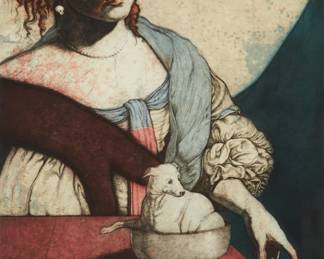 98
José Manuel Fors
b. 1956, Cuban
"Main Course," 2000
Etching in colors on paper
Edition: 16/75
Signed and numbered in the lower plate corners: Fors
Plate: 35.5" H x 27" W; Sight: 44.25" H x 34.75" W
Estimate: $300 - $500