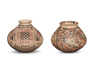 302
Two Mata Ortiz polychrome pottery jars
Late 20th/early 21st century; Chihuahua, Mexico
Two works:
Martha Martinez Dominguez
Incised to underside: Martha Martinez Dguez
The three-color jar with red and black feather motifs in four registers and a checkered pattern to base, all on a white slip ground
5.75" H x 6.25" Dia.
Hugo Macias (b. 20th century)
Incised to underside: hugo macias
The three-color jar with red and black geometric and figural motifs on a white slip ground
5.375" H x 6.375" Dia.
2 pieces
Estimate: $100 - $200