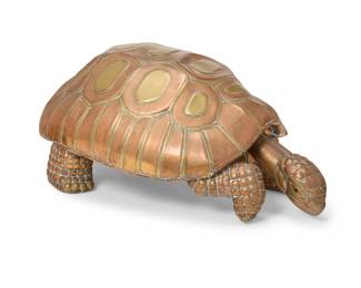 260
Mid/late 20th century
A Sergio Bustamante-style turtle sculpture
Unmarked
In the manner of Sergio Bustamante (b. 1949, Mexican), the cast and welded brass and copper turtle figure
15.5" H x 36.25" W x 20.75" D
Estimate: $600 - $800
