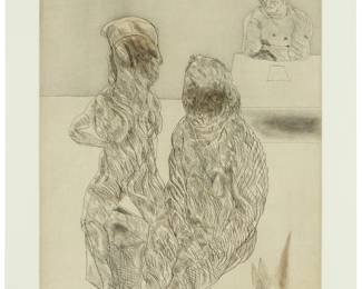 42
José Luis Cuevas
1934-2007, Mexican
"Autorretrato con pareja," 1981
Etching in colors on wove paper
Edition: 24/100
Signed, dated, numbered, and inscribed in pencil in the lower margin: Cuevas / Barcelona 81
Plate: 25" H x 17" W; Sight: 29" H x 21" W
Estimate: $600 - $800
