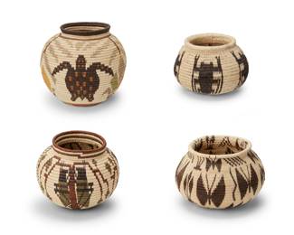 220
Late 20th/early 21st century; Darién Province, Panama
A group of Panamanian Wounaan basketry vessels
The polychrome coiled baskets woven from palm frond fibers, each depicting rainforest floral and fauna including a sea turtle, grasshoppers, scorpions, and butterflies
4 pieces
Largest: 5.75" H x 5.75" Dia.; Shortest: 3.5" H x 5.125" Dia.
Estimate: $400 - $600