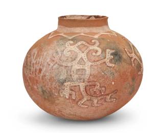271
20th century
A South American-style gourd-shaped pottery vessel
The terra cotta reproduction of a Mayan vessel, with white and red slip-painted figures and geometric motifs
10.5" H x 11.75" Dia.
Estimate: $200 - $400