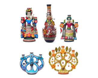 309
Circa 2020s; Puebla, Mexico
A group of Taller Alfonso Castillo pottery sculptures
Each candelabra marked: Taller Alfonso Castillo / [shop cipher] / Mexico; one further marked and dated: Orta / 17-10-20; vase signed: Marco Castillo / Mexico / [shop cipher]
The polychrome ceramic items, comprising two Tree of Life three-light candelabra, and one Dia de los Muertos tall vase mounted with applied calaveras, marigolds and figural elements
3 pieces
Vase: 12.5" H x 5.25" Dia.; Taller candelabrum: 10.875" H x 5.875" W x 3.875" D
Estimate: $400 - $600
