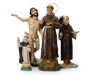 237
Early 20th century
A group of Latin American santos bultos figures
The polychrome carved wood religious figures, comprising one Cristo figure, one figure depicted with a book and metal nimbus, another figure with a metal halo, and another figure depicted holding a skull
4 pieces
Tallest: 15.75" H x 5.375" W x 4.75" D; Shortest: 8.25" H x 3.625" W x 1.875" D
Estimate: $400 - $600