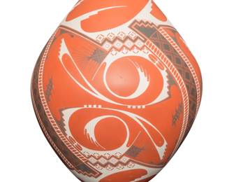 20
Adrian Rojas (b. 20th century)
A Mata Ortiz polychrome pottery jar, late 20th/early 21st century; Chihuahua, Mexico
Incised to underside: Adrian Rojas
The large three-color jar with white and black banded step and geometric motifs on a matte red slip ground
19.125" H x 15.375" Dia.
Estimate: $700 - $900